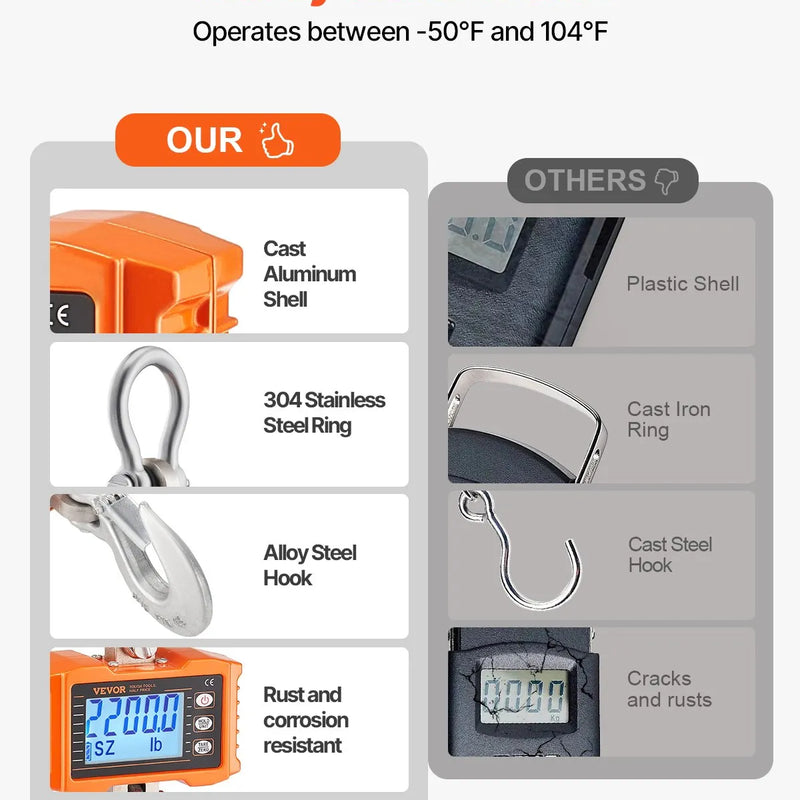 VEVOR Digitālie celtņa svari 1000 kg, industriālie piekaramie svari ar tālvadības pulti, alumīnija korpusu un LCD ekrānu, augstas precizitātes svari būvniecībai, rūpniecībai, saimniecībai un medībām, oranži