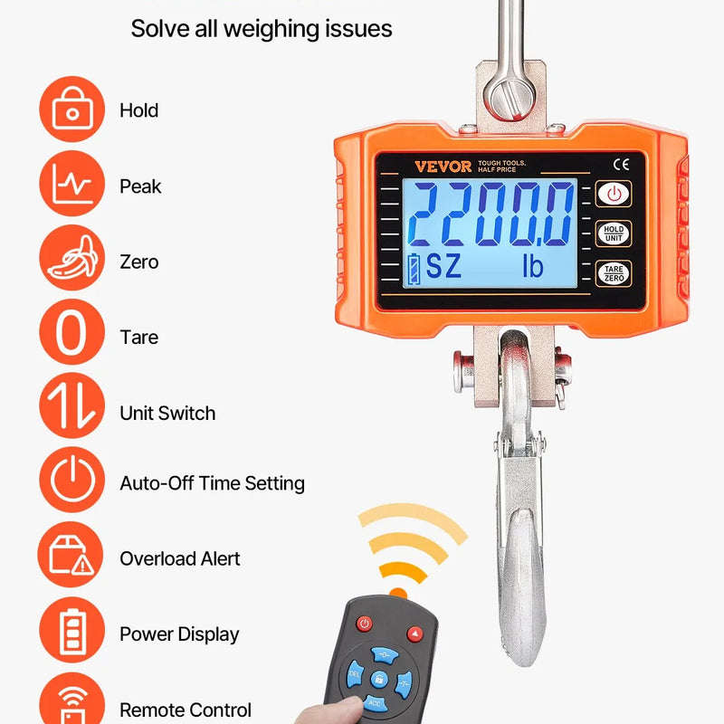 VEVOR Digitālie celtņa svari 1000 kg, industriālie piekaramie svari ar tālvadības pulti, alumīnija korpusu un LCD ekrānu, augstas precizitātes svari būvniecībai, rūpniecībai, saimniecībai un medībām, oranži