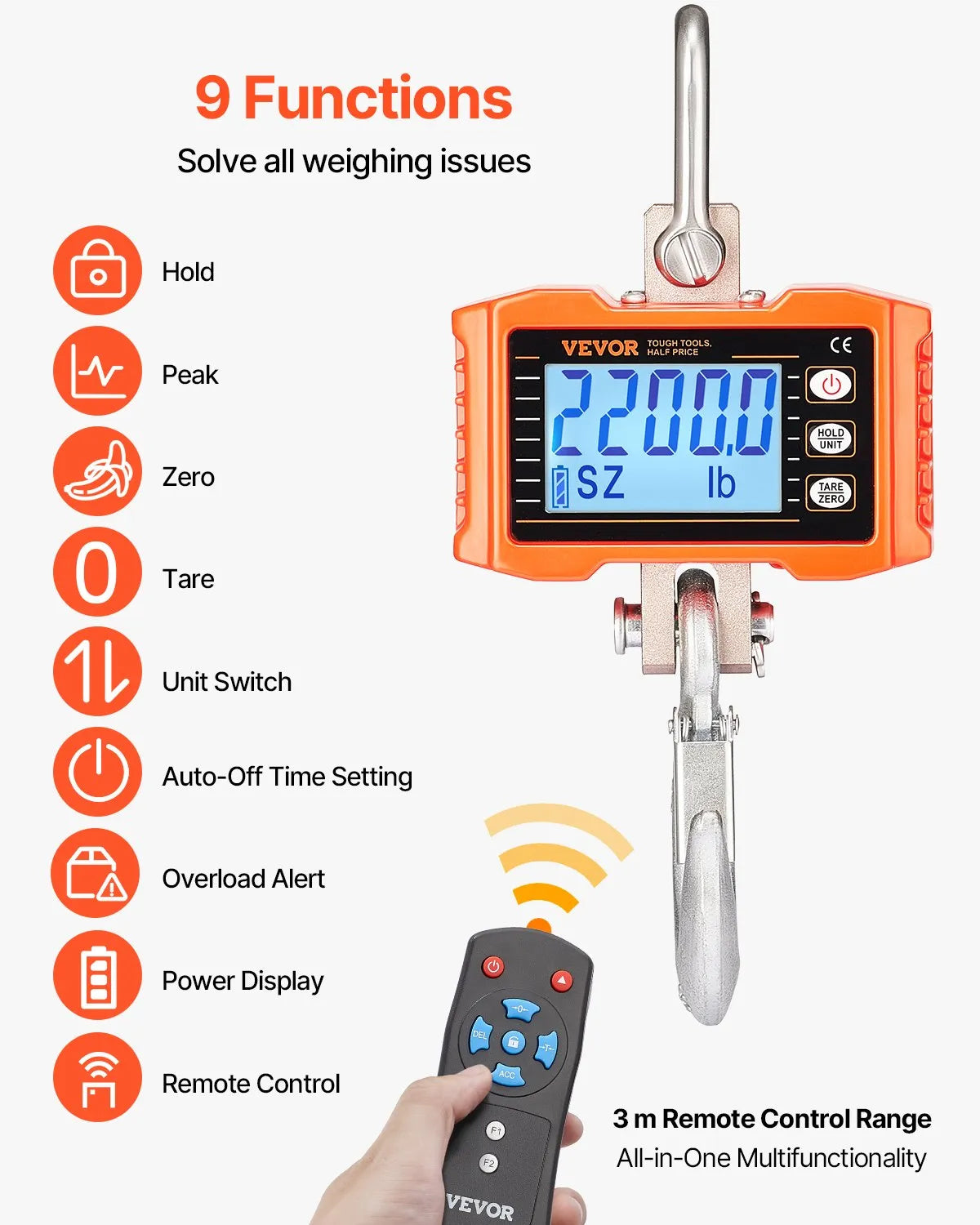 VEVOR Digital Crane Scale 1000 kg, Industrial Hanging Scale with Remote Control, Aluminium Body and LCD Display, High Precision Scale for Construction, Industry, Farm and Hunting, Orange