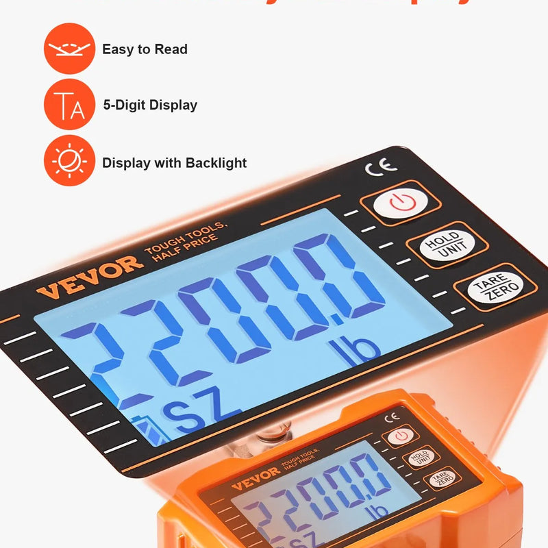 VEVOR Digitālie celtņa svari 1000 kg, industriālie piekaramie svari ar tālvadības pulti, alumīnija korpusu un LCD ekrānu, augstas precizitātes svari būvniecībai, rūpniecībai, saimniecībai un medībām, oranži