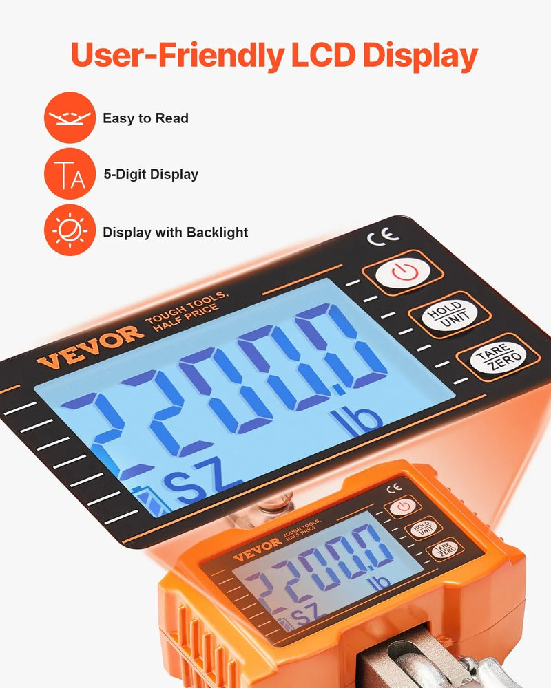 Digitālie celtņa svari 1000 kg, industriālie piekaramie svari ar tālvadības pulti, alumīnija korpusu un LCD ekrānu, augstas precizitātes svari būvniecībai, rūpniecībai, saimniecībai un medībām, oranži