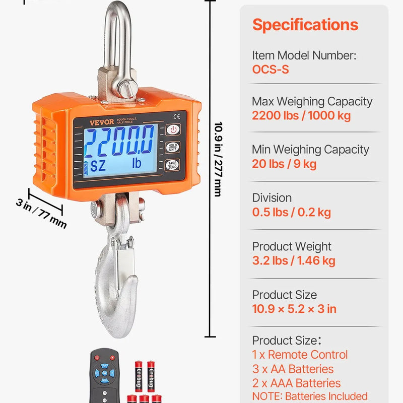 VEVOR Digitālie celtņa svari 1000 kg, industriālie piekaramie svari ar tālvadības pulti, alumīnija korpusu un LCD ekrānu, augstas precizitātes svari būvniecībai, rūpniecībai, saimniecībai un medībām, oranži