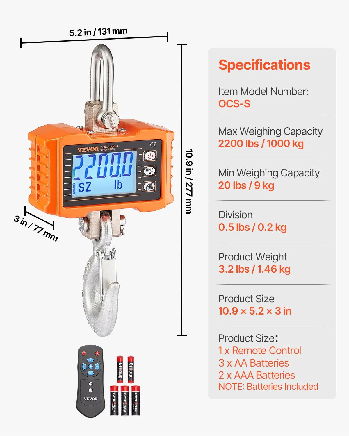 VEVOR Digital Crane Scale 1000 kg, Industrial Hanging Scale with Remote Control, Aluminium Body and LCD Display, High Precision Scale for Construction, Industry, Farm and Hunting, Orange