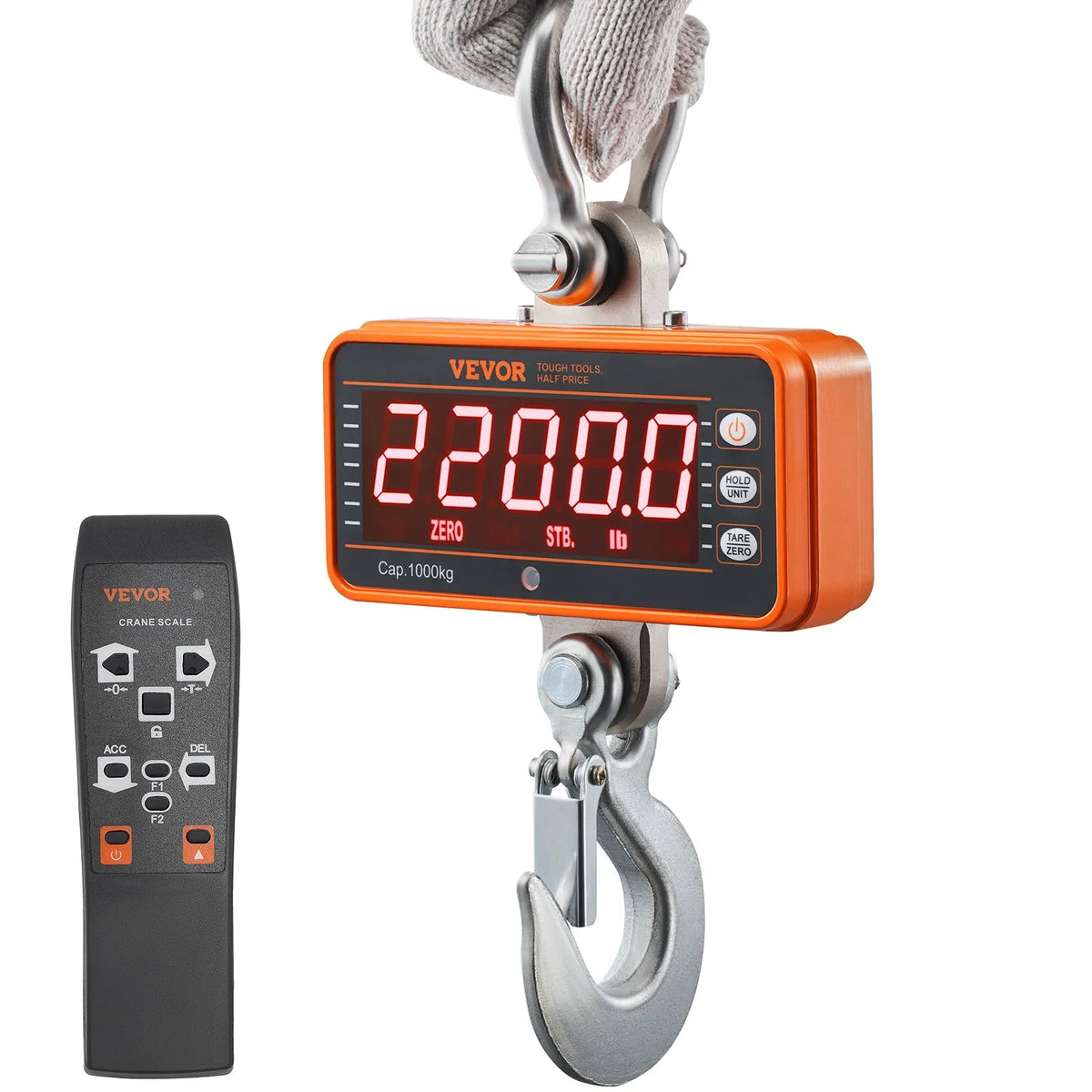 Digital Crane Scale, 1000 kg Industrial Hanging Scale with Remote Control, Cast Iron Aluminium Body and LED Display, High Precision Scale for Construction, Factories, Farms and Hunting, Orange