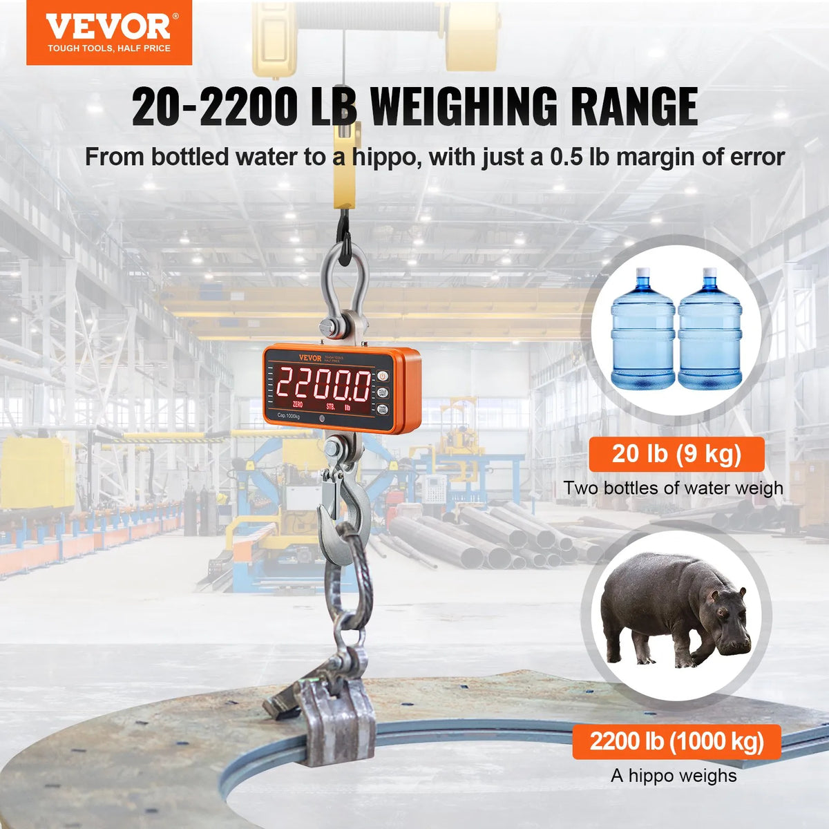 Digital Crane Scale, 1000 kg Industrial Hanging Scale with Remote Control, Cast Iron Aluminium Body and LED Display, High Precision Scale for Construction, Factories, Farms and Hunting, Orange