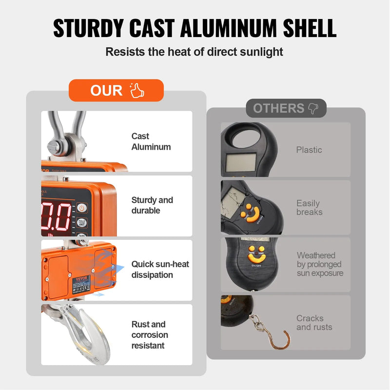 Digitālie celtņa svari, 1000 kg rūpnieciskie piekaramie svari ar tālvadības pulti, čuguna alumīnija korpuss un LED ekrāns, augstas precizitātes svari būvniecībai, rūpnīcām, saimniecībām un medībām, oranži