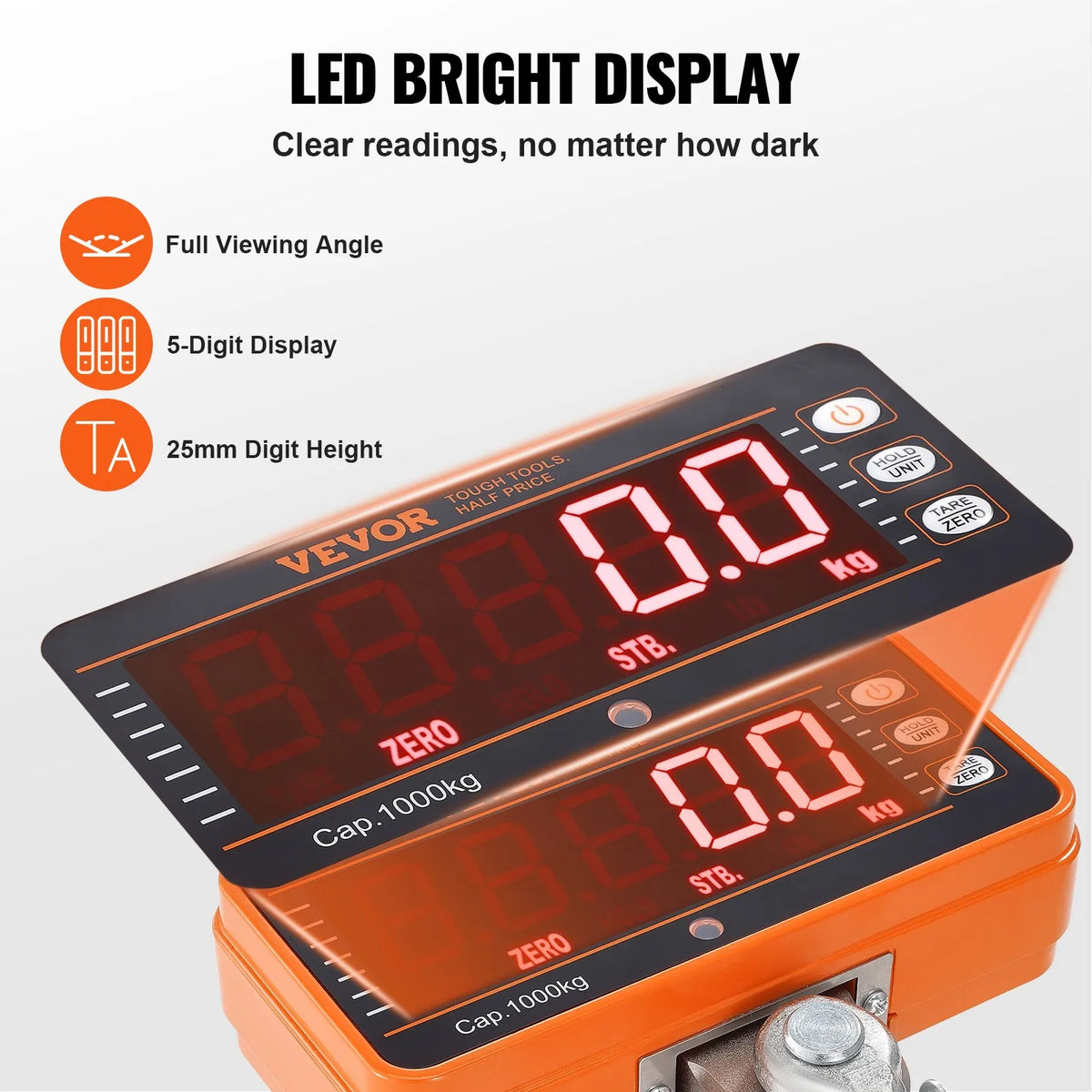 Digital Crane Scale, 1000 kg Industrial Hanging Scale with Remote Control, Cast Iron Aluminium Body and LED Display, High Precision Scale for Construction, Factories, Farms and Hunting, Orange