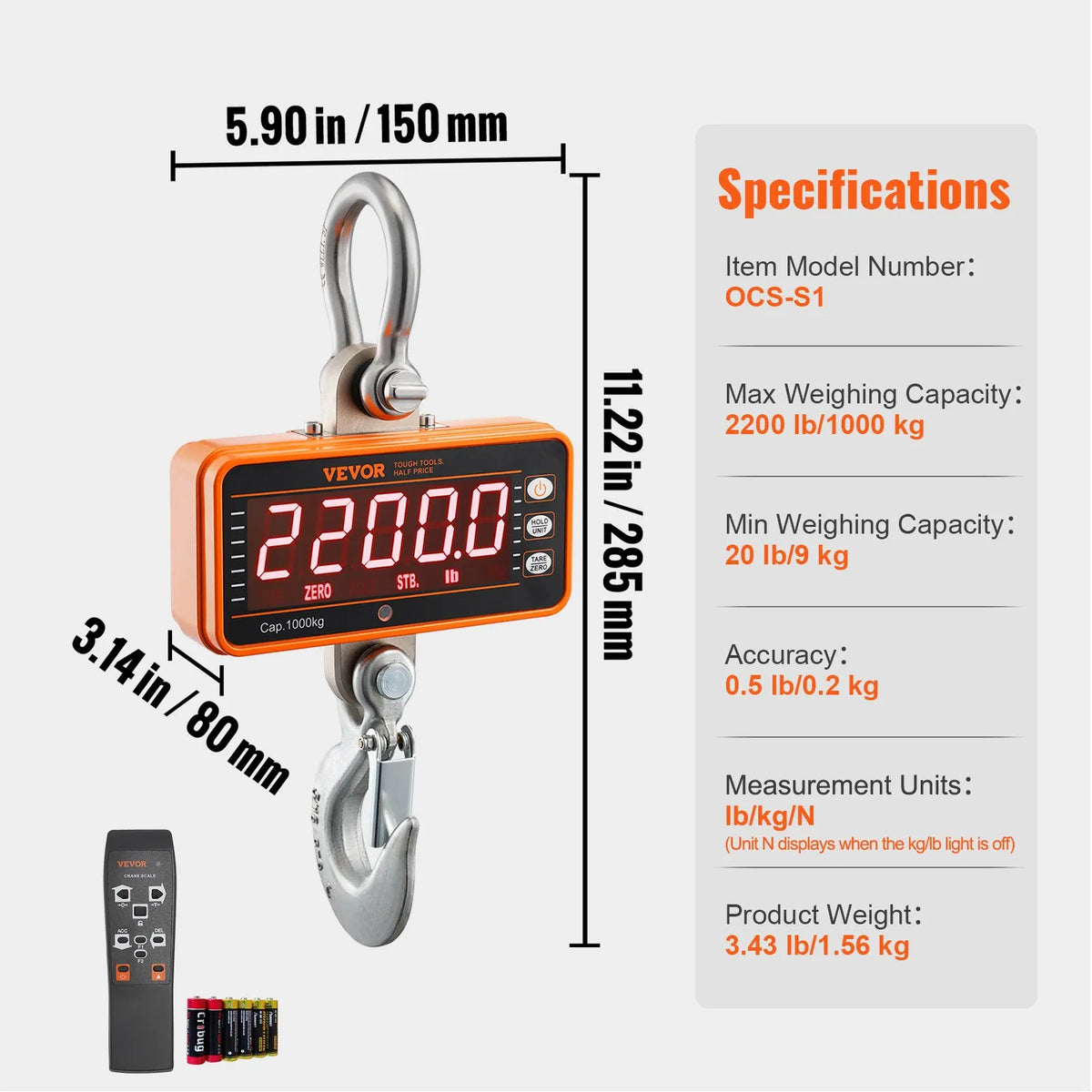 Digital Crane Scale, 1000 kg Industrial Hanging Scale with Remote Control, Cast Iron Aluminium Body and LED Display, High Precision Scale for Construction, Factories, Farms and Hunting, Orange