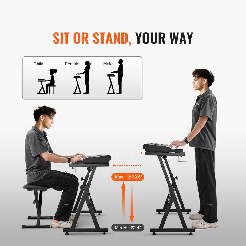 VEVOR digitālo klavieru statīva un soliņa komplekts, Z veida konstrukcija, 113 kg celtspēja, regulējams platums, augstums un riteņi, piemērots 54–88 taustiņu elektriskajām klavierēm