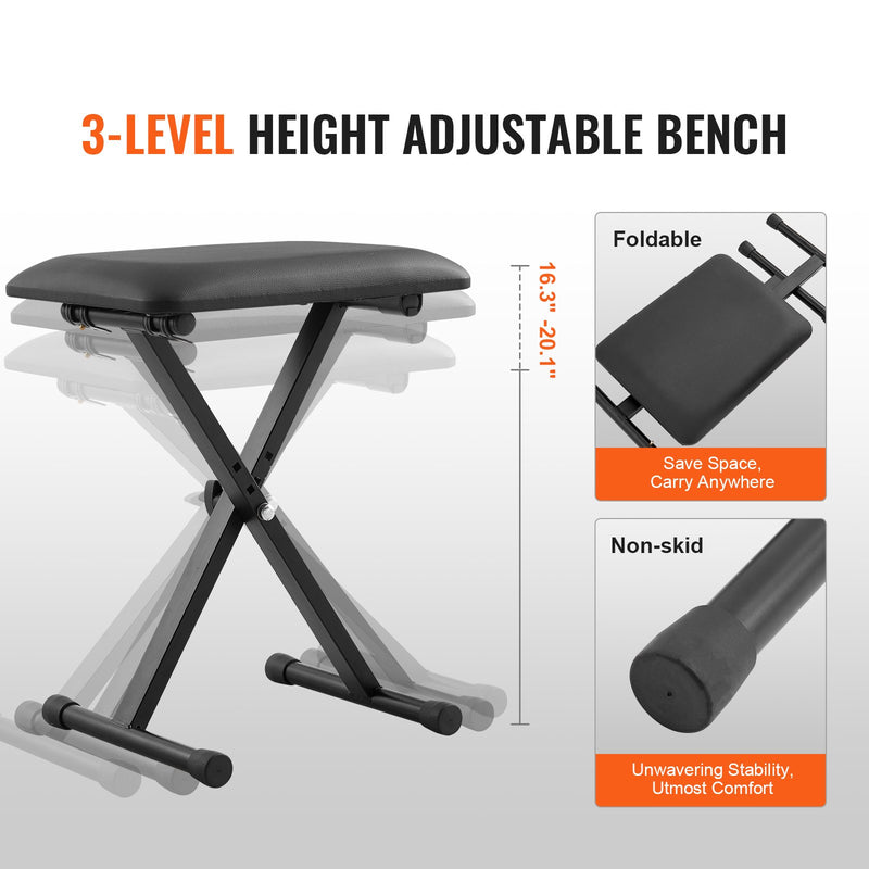 VEVOR digitālo klavieru statīva un soliņa komplekts, Z veida konstrukcija, 113 kg celtspēja, regulējams platums, augstums un riteņi, piemērots 54–88 taustiņu elektriskajām klavierēm