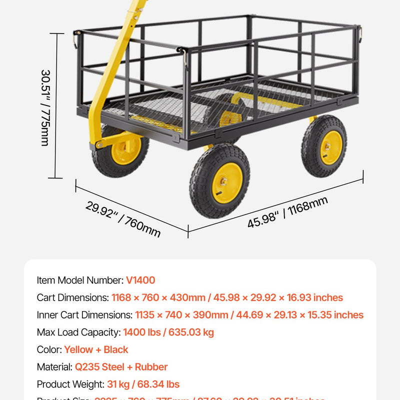 VEVOR Tērauda dārza ratiņi, 635 kg kravnesība, smagsvara konstrukcija, 33 cm riepas