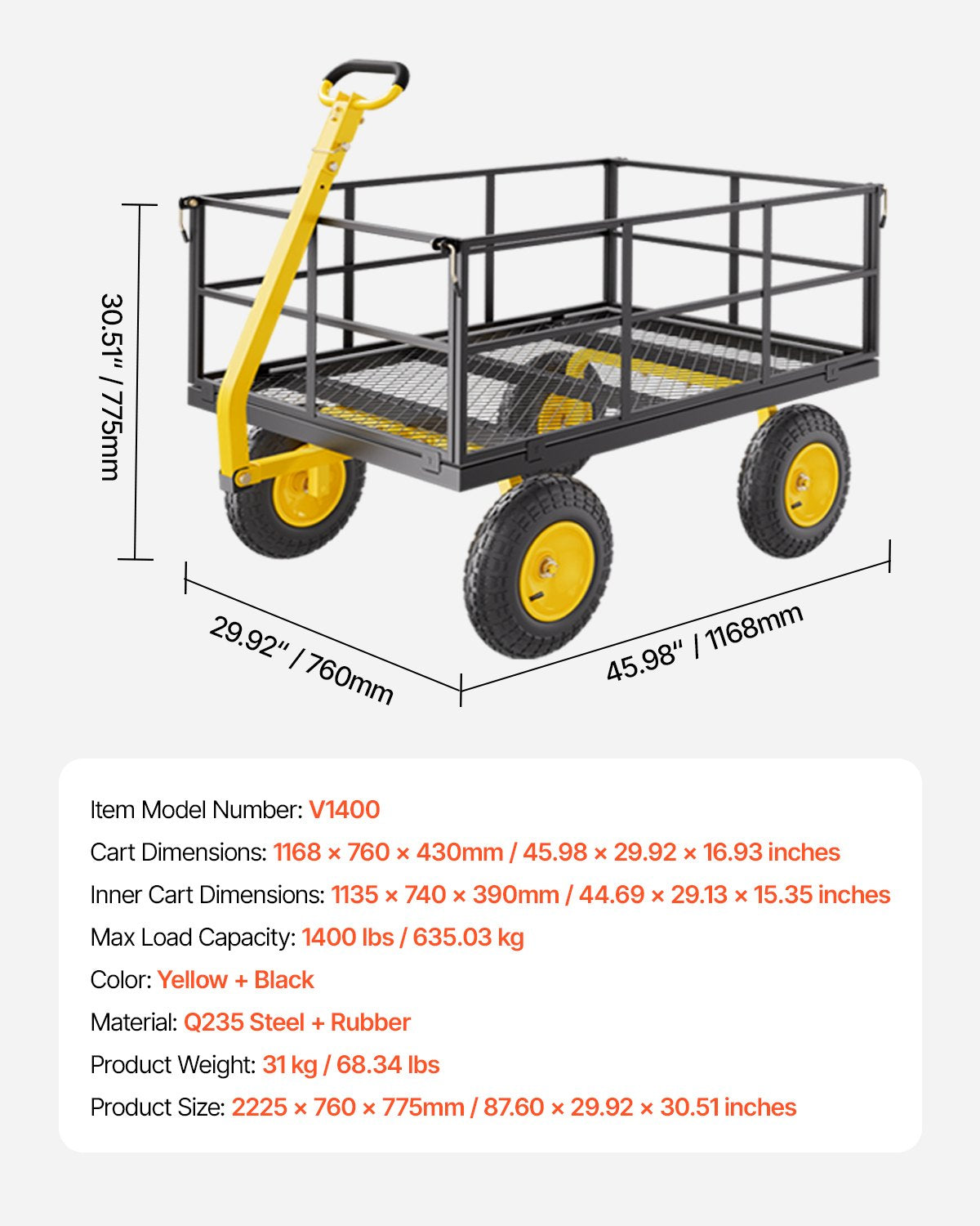 VEVOR Steel Garden Cart, 635 kg Load Capacity, Heavy-Duty Construction, 33 cm Tyres