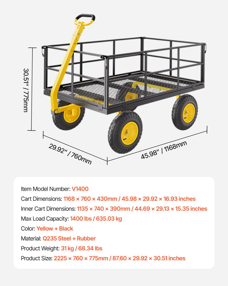 VEVOR Tērauda dārza ratiņi, 635 kg kravnesība, smagsvara konstrukcija, 33 cm riepas