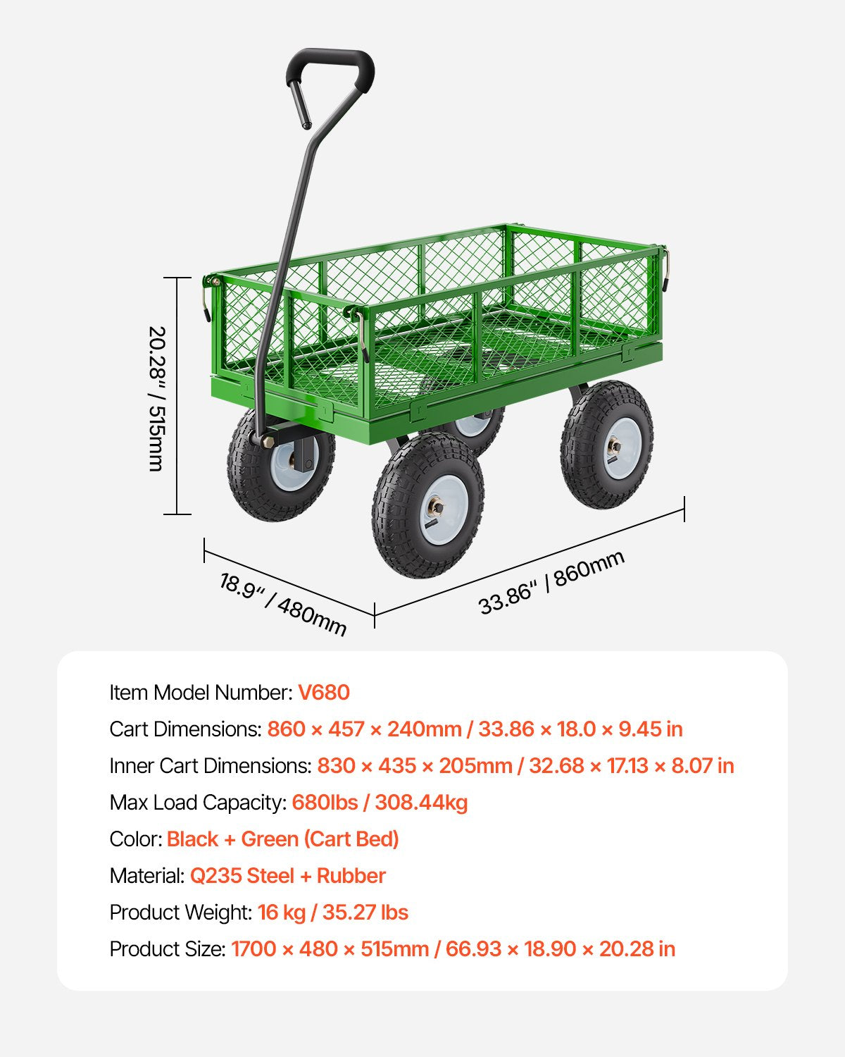 VEVOR Tērauda dārza ratiņi, 308 kg kravnesība, smagsvara modelis, 25 cm riepas