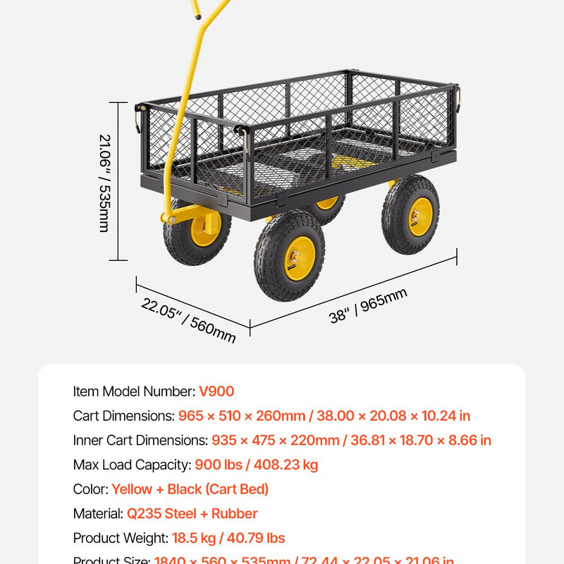 VEVOR Tērauda dārza ratiņi, 408 kg kravnesība, 25 cm riteņi, smagsvara konstrukcija