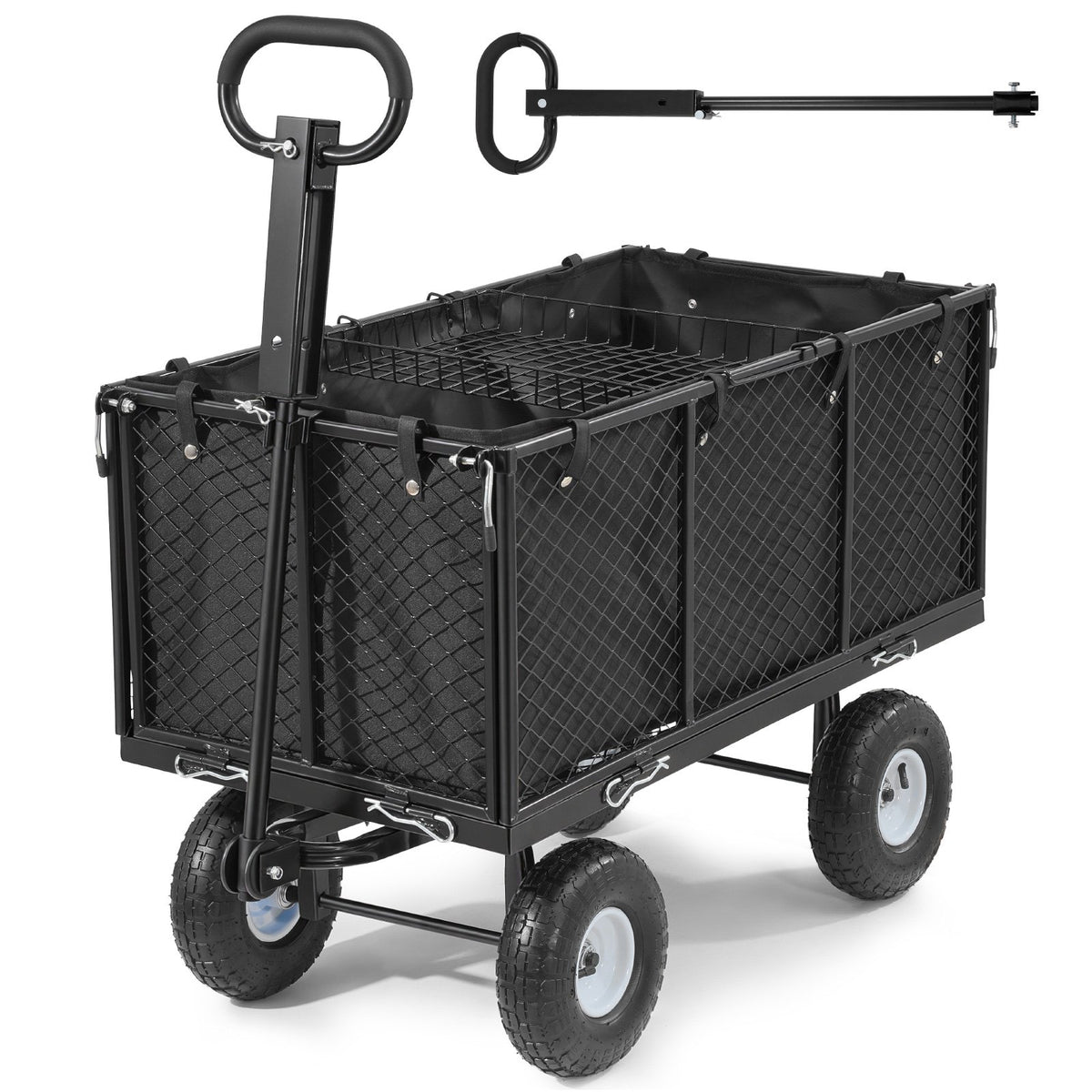 VEVOR dārza rati, nestspēja līdz 544,3 kg, smagas slodzes tērauda transporta rati ar 254 mm riteņiem, regulējams rokturis, noņemami sānu paneļi, pievienojami ATV vai traktoram, melna krāsa - ZEMLETES.LV