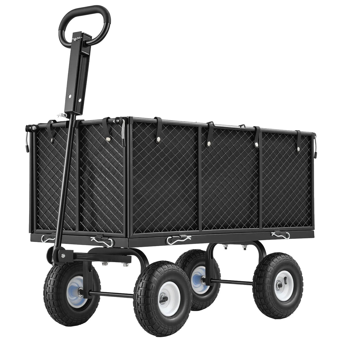 VEVOR dārza rati, nestspēja līdz 544,3 kg, smagas slodzes tērauda transporta rati ar 254 mm riteņiem, regulējams rokturis, noņemami sānu paneļi, pievienojami ATV vai traktoram, melna krāsa - ZEMLETES.LV