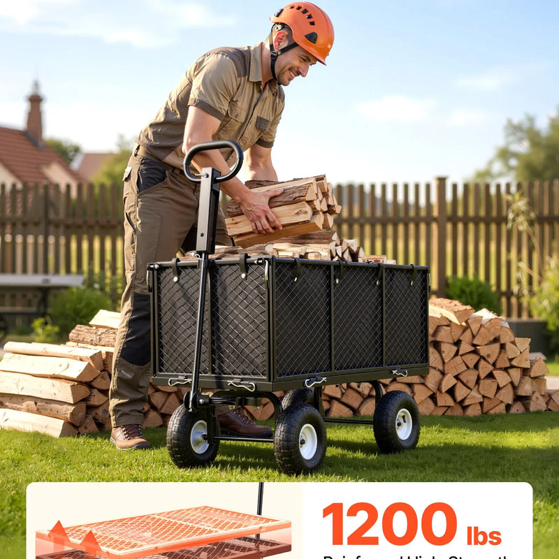 VEVOR dārza rati, nestspēja līdz 544,3 kg, smagas slodzes tērauda transporta rati ar 254 mm riteņiem, regulējams rokturis, noņemami sānu paneļi, pievienojami ATV vai traktoram, melna krāsa - ZEMLETES.LV