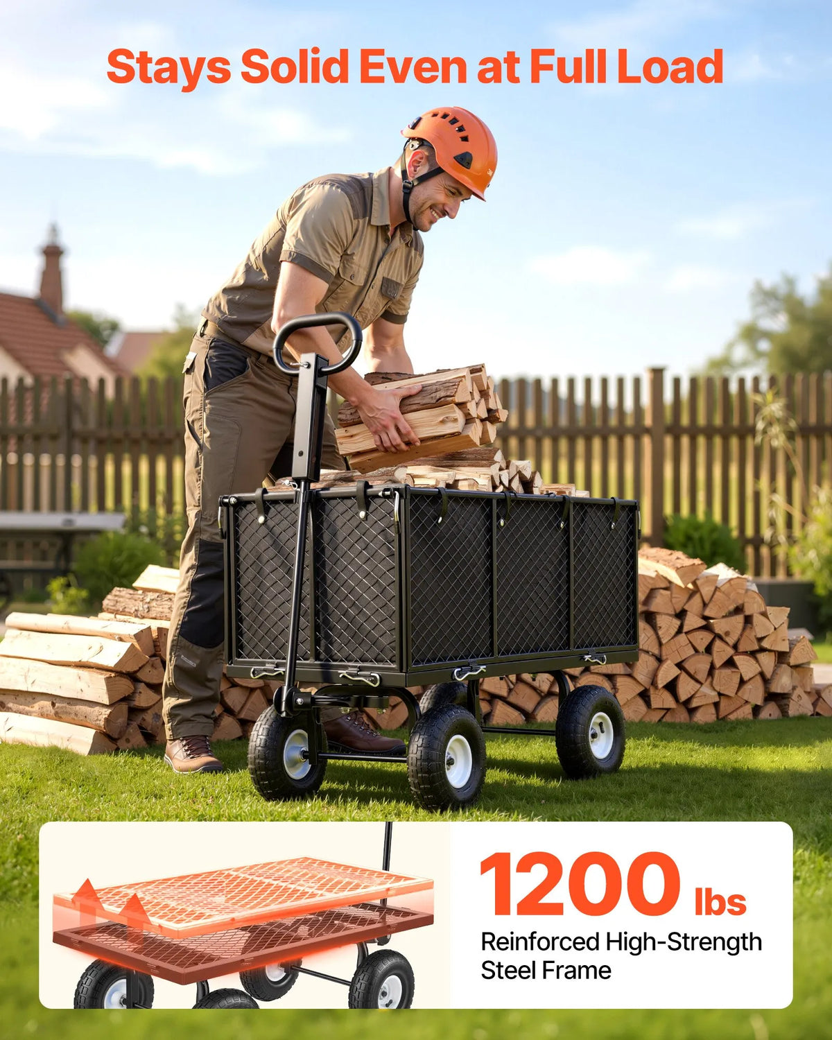 VEVOR dārza rati, nestspēja līdz 544,3 kg, smagas slodzes tērauda transporta rati ar 254 mm riteņiem, regulējams rokturis, noņemami sānu paneļi, pievienojami ATV vai traktoram, melna krāsa - ZEMLETES.LV