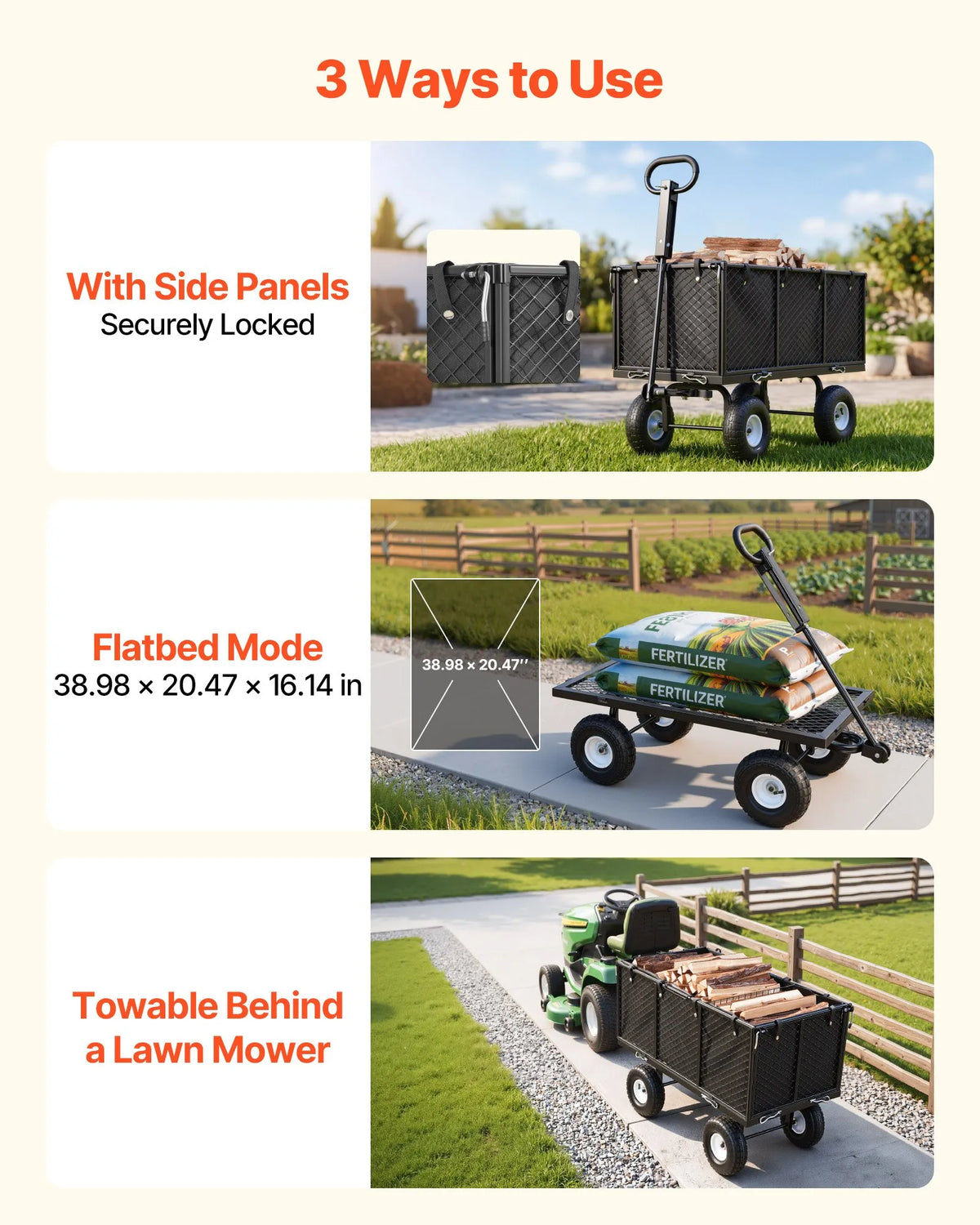 VEVOR dārza rati, nestspēja līdz 544,3 kg, smagas slodzes tērauda transporta rati ar 254 mm riteņiem, regulējams rokturis, noņemami sānu paneļi, pievienojami ATV vai traktoram, melna krāsa - ZEMLETES.LV