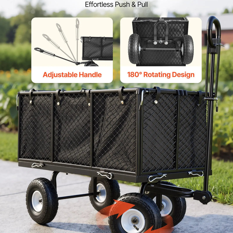 VEVOR dārza rati, nestspēja līdz 544,3 kg, smagas slodzes tērauda transporta rati ar 254 mm riteņiem, regulējams rokturis, noņemami sānu paneļi, pievienojami ATV vai traktoram, melna krāsa - ZEMLETES.LV