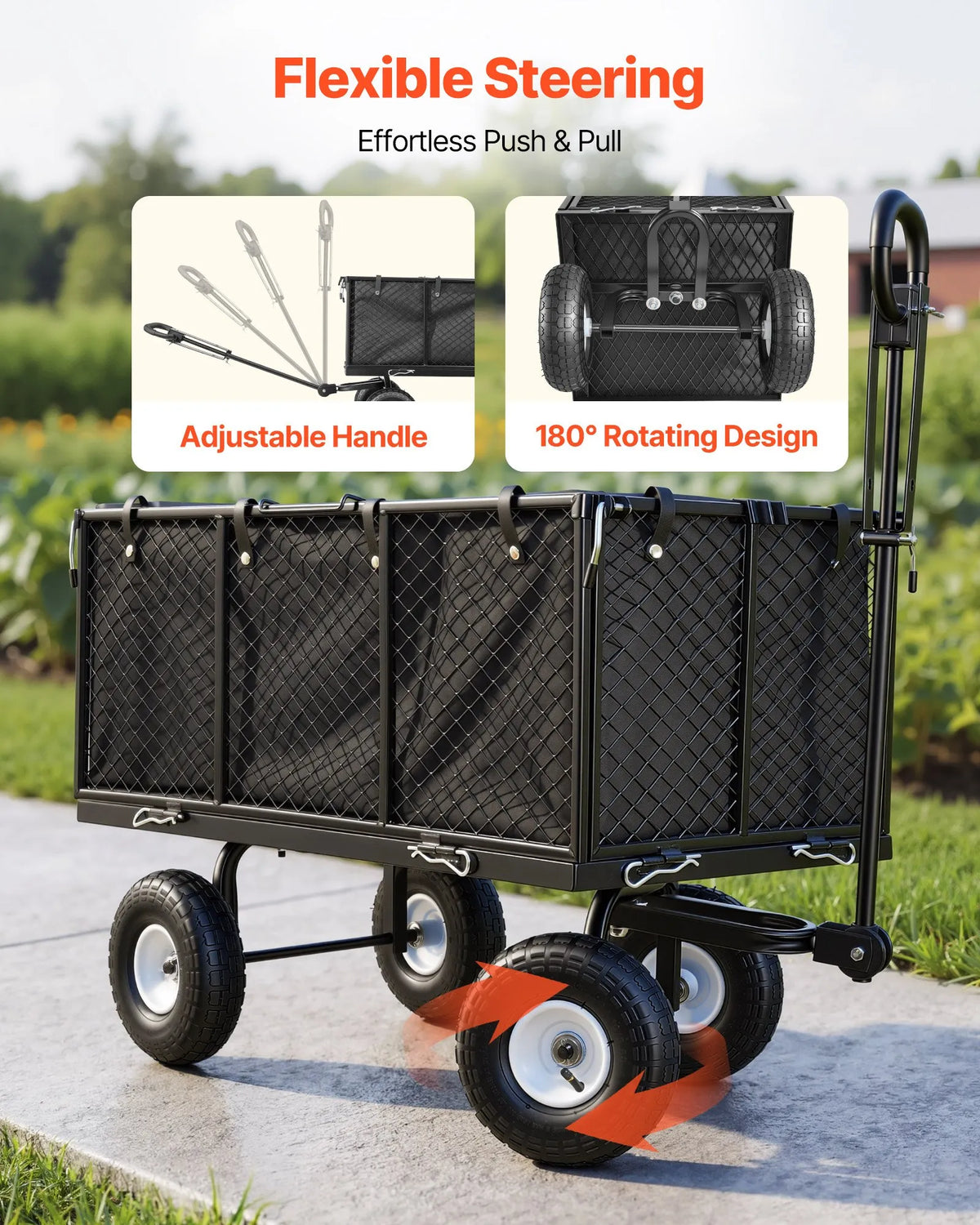 VEVOR dārza rati, nestspēja līdz 544,3 kg, smagas slodzes tērauda transporta rati ar 254 mm riteņiem, regulējams rokturis, noņemami sānu paneļi, pievienojami ATV vai traktoram, melna krāsa - ZEMLETES.LV