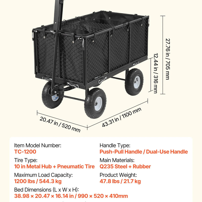 VEVOR dārza rati, nestspēja līdz 544,3 kg, smagas slodzes tērauda transporta rati ar 254 mm riteņiem, regulējams rokturis, noņemami sānu paneļi, pievienojami ATV vai traktoram, melna krāsa - ZEMLETES.LV