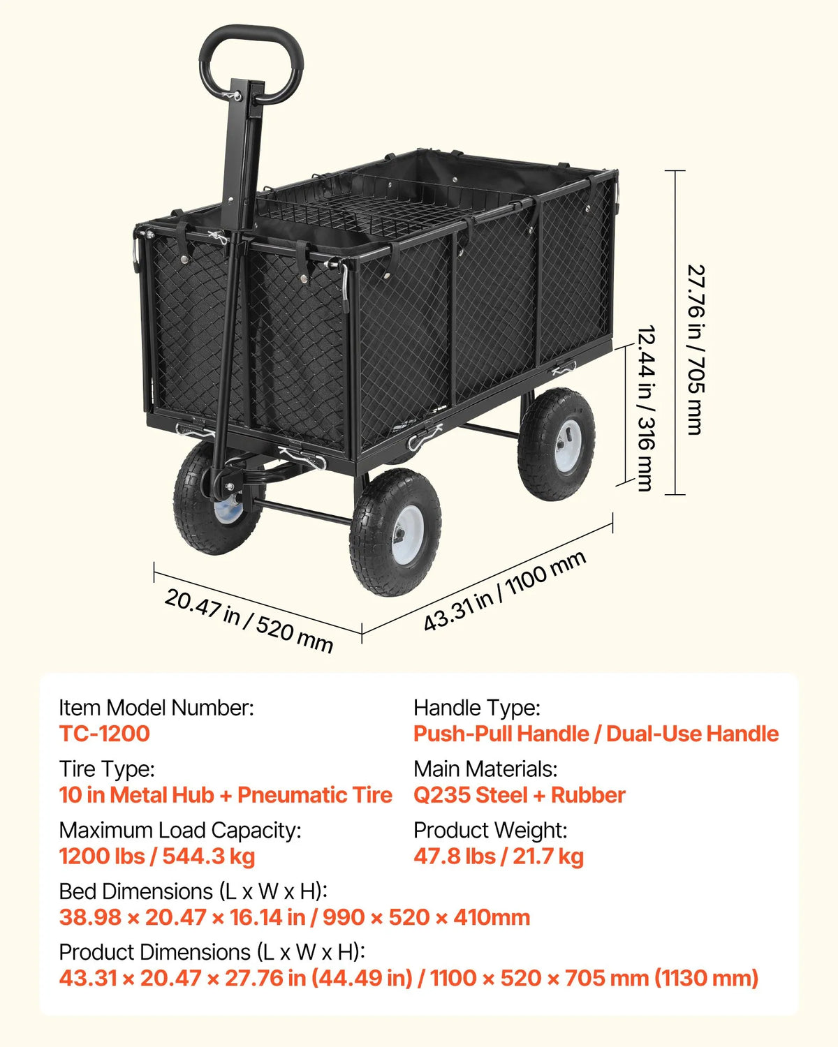 VEVOR dārza rati, nestspēja līdz 544,3 kg, smagas slodzes tērauda transporta rati ar 254 mm riteņiem, regulējams rokturis, noņemami sānu paneļi, pievienojami ATV vai traktoram, melna krāsa - ZEMLETES.LV