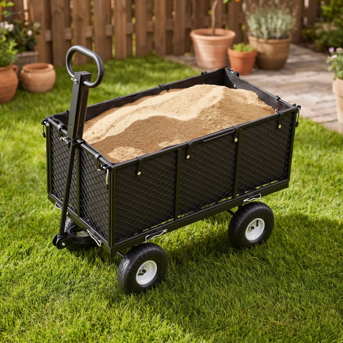 VEVOR dārza rati, nestspēja līdz 544,3 kg, smagas slodzes tērauda transporta rati ar 254 mm riteņiem, regulējams rokturis, noņemami sānu paneļi, pievienojami ATV vai traktoram, melna krāsa - ZEMLETES.LV