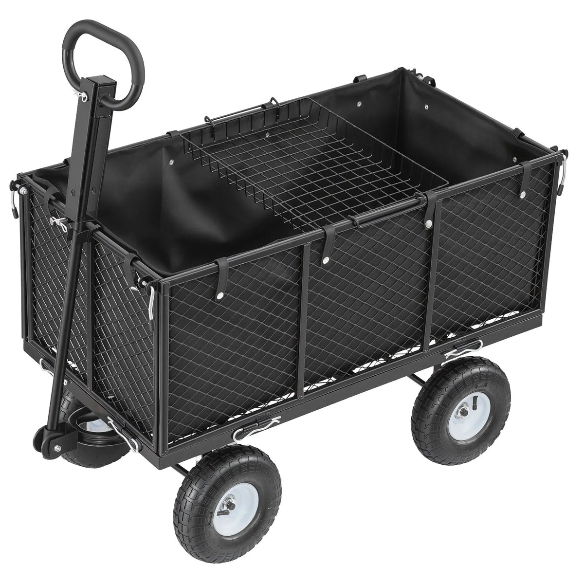 VEVOR dārza rati, nestspēja līdz 544,3 kg, smagas slodzes tērauda transporta rati ar 254 mm riteņiem, regulējams rokturis, noņemami sānu paneļi, pievienojami ATV vai traktoram, melna krāsa - ZEMLETES.LV