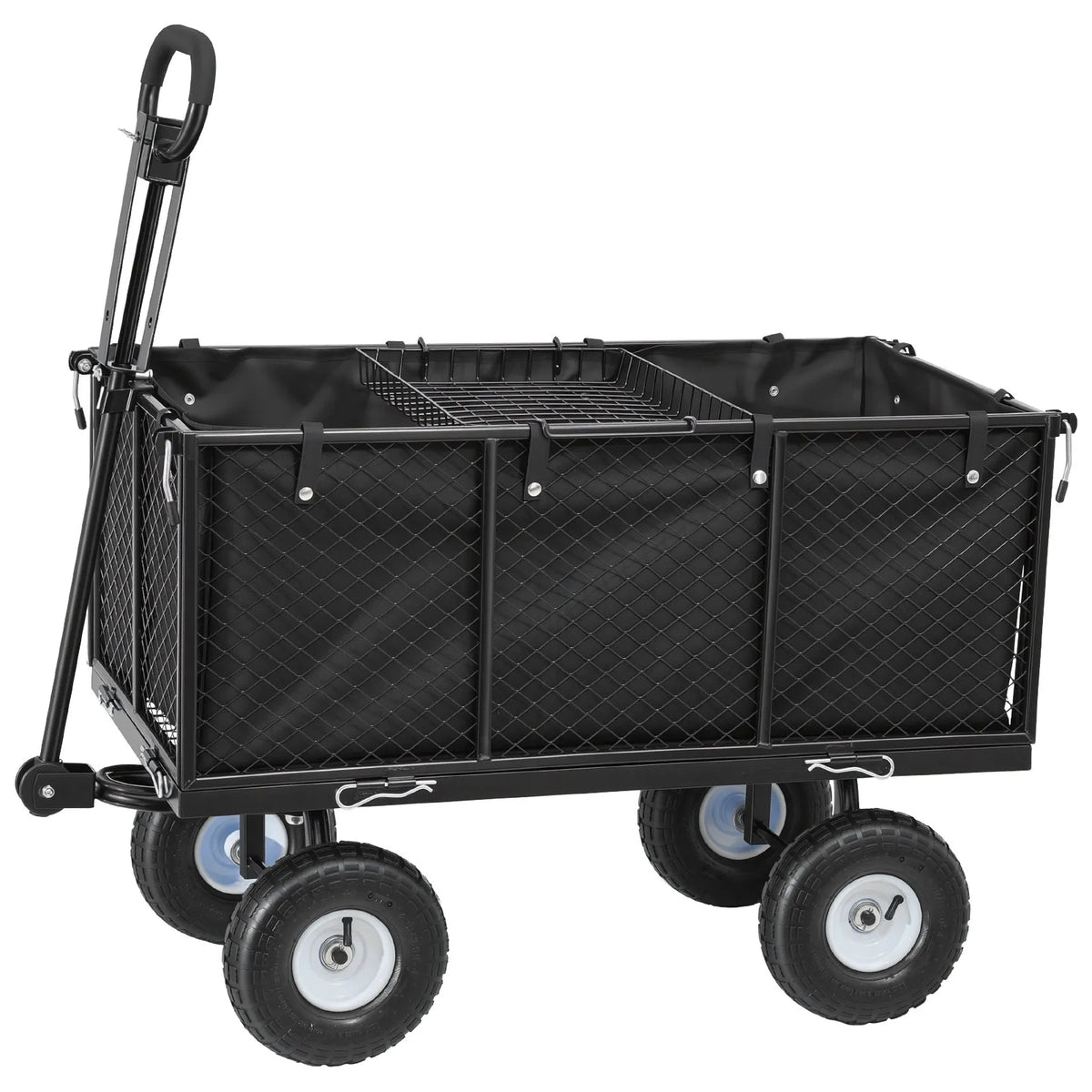 VEVOR dārza rati, nestspēja līdz 544,3 kg, smagas slodzes tērauda transporta rati ar 254 mm riteņiem, regulējams rokturis, noņemami sānu paneļi, pievienojami ATV vai traktoram, melna krāsa - ZEMLETES.LV