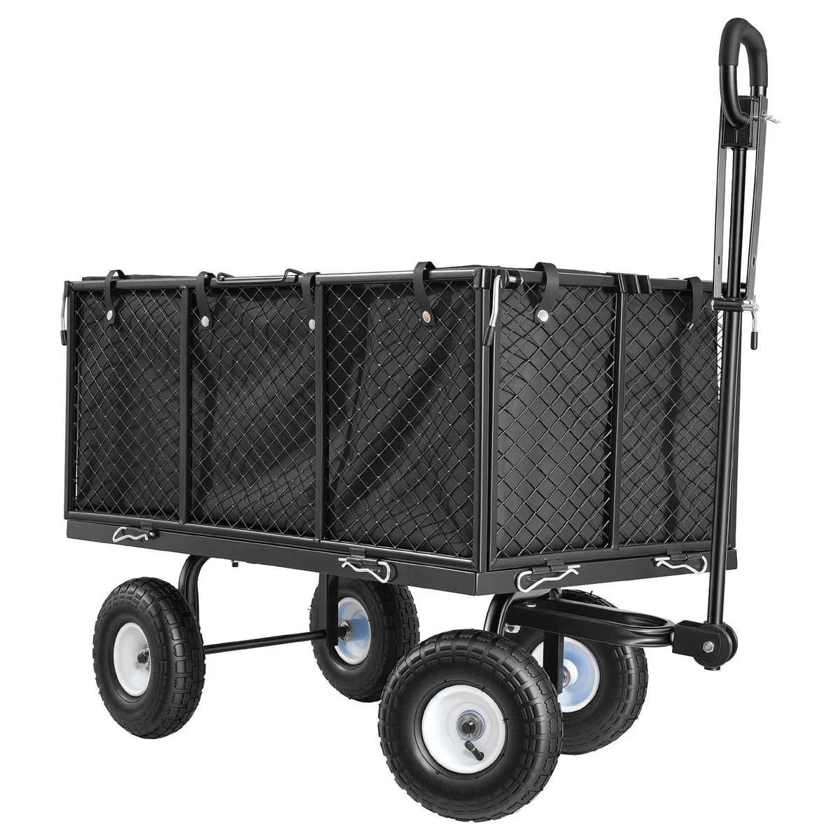 VEVOR dārza rati, nestspēja līdz 544,3 kg, smagas slodzes tērauda transporta rati ar 254 mm riteņiem, regulējams rokturis, noņemami sānu paneļi, pievienojami ATV vai traktoram, melna krāsa - ZEMLETES.LV