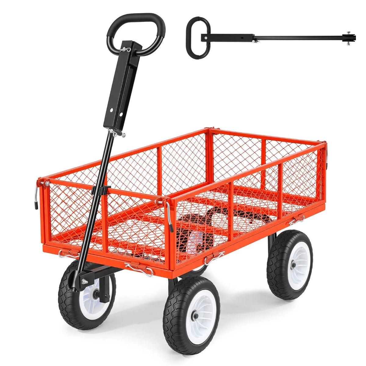 VEVOR dārza rati ar sēdekli, kravnesība 408,2 kg, tērauda konstrukcija, 254 mm riepas, regulējams rokturis, noņemami sānu paneļi, piekabināmi ATV vai traktoram, sarkani - ZEMLETES.LV