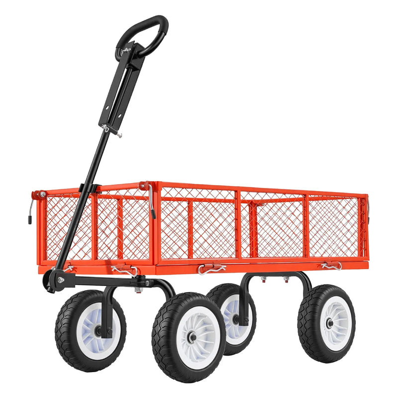 VEVOR dārza rati ar sēdekli, kravnesība 408,2 kg, tērauda konstrukcija, 254 mm riepas, regulējams rokturis, noņemami sānu paneļi, piekabināmi ATV vai traktoram, sarkani - ZEMLETES.LV