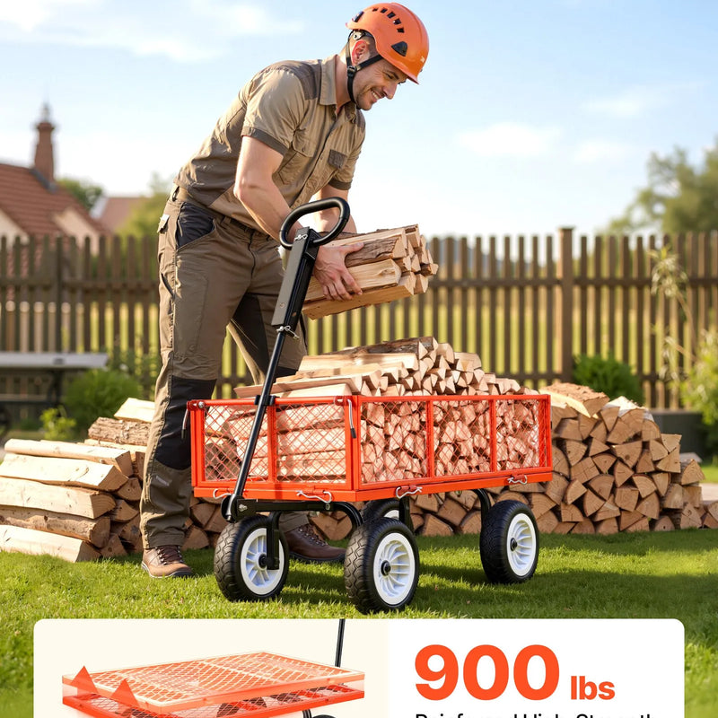 VEVOR dārza rati ar sēdekli, kravnesība 408,2 kg, tērauda konstrukcija, 254 mm riepas, regulējams rokturis, noņemami sānu paneļi, piekabināmi ATV vai traktoram, sarkani - ZEMLETES.LV