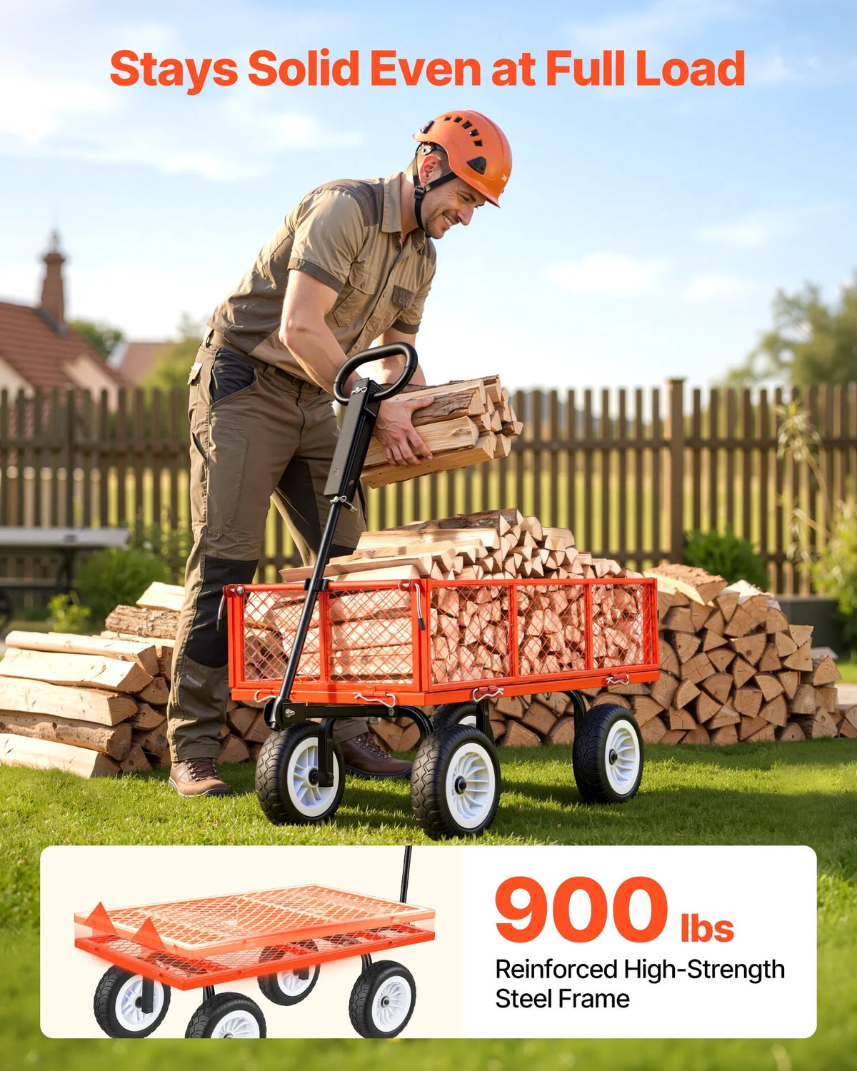 VEVOR dārza rati ar sēdekli, kravnesība 408,2 kg, tērauda konstrukcija, 254 mm riepas, regulējams rokturis, noņemami sānu paneļi, piekabināmi ATV vai traktoram, sarkani - ZEMLETES.LV
