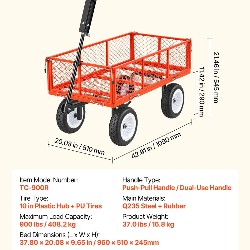 VEVOR dārza rati ar sēdekli, kravnesība 408,2 kg, tērauda konstrukcija, 254 mm riepas, regulējams rokturis, noņemami sānu paneļi, piekabināmi ATV vai traktoram, sarkani - ZEMLETES.LV
