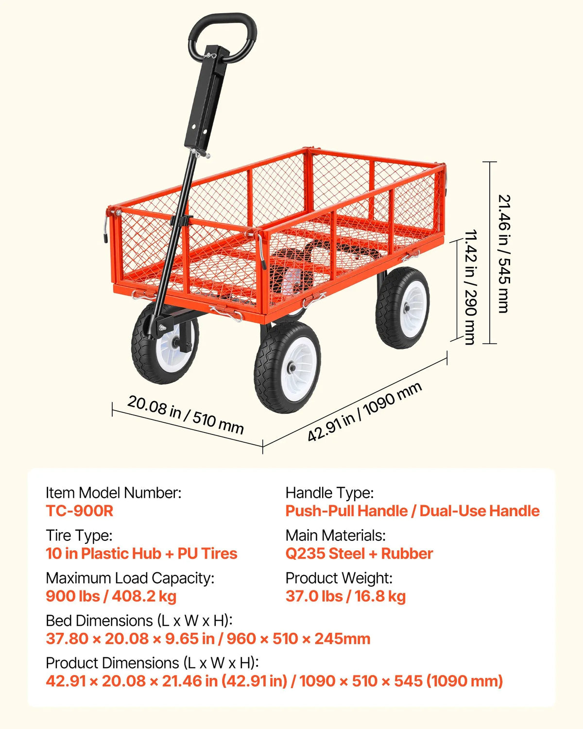 VEVOR dārza rati ar sēdekli, kravnesība 408,2 kg, tērauda konstrukcija, 254 mm riepas, regulējams rokturis, noņemami sānu paneļi, piekabināmi ATV vai traktoram, sarkani - ZEMLETES.LV