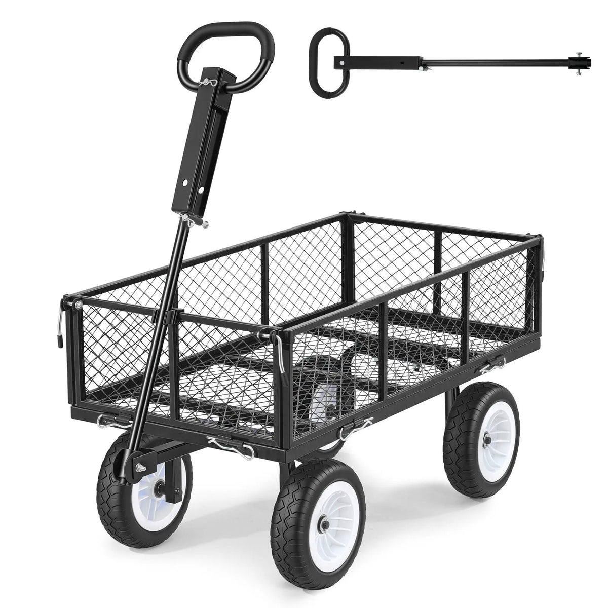 VEVOR dārza rati 408,2 kg kravnesība, smagas konstrukcijas tērauda universālie rati ar 25 cm riepām, regulējamu rokturi un noņemamām sānu malām, pievienojami ATV vai traktoram, melni - ZEMLETES.LV