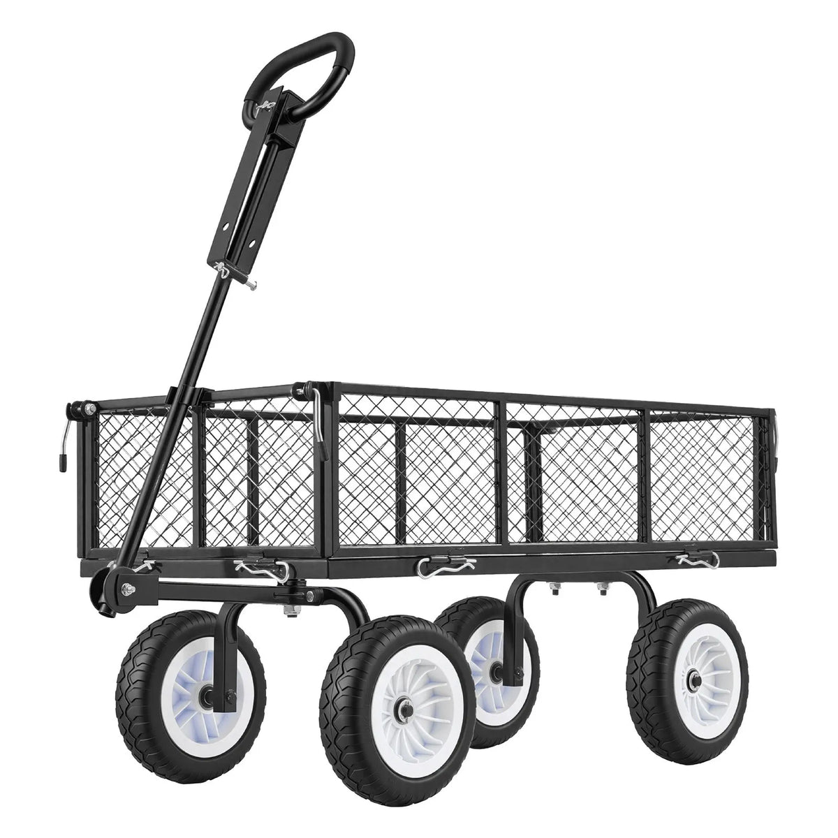 VEVOR dārza rati 408,2 kg kravnesība, smagas konstrukcijas tērauda universālie rati ar 25 cm riepām, regulējamu rokturi un noņemamām sānu malām, pievienojami ATV vai traktoram, melni - ZEMLETES.LV