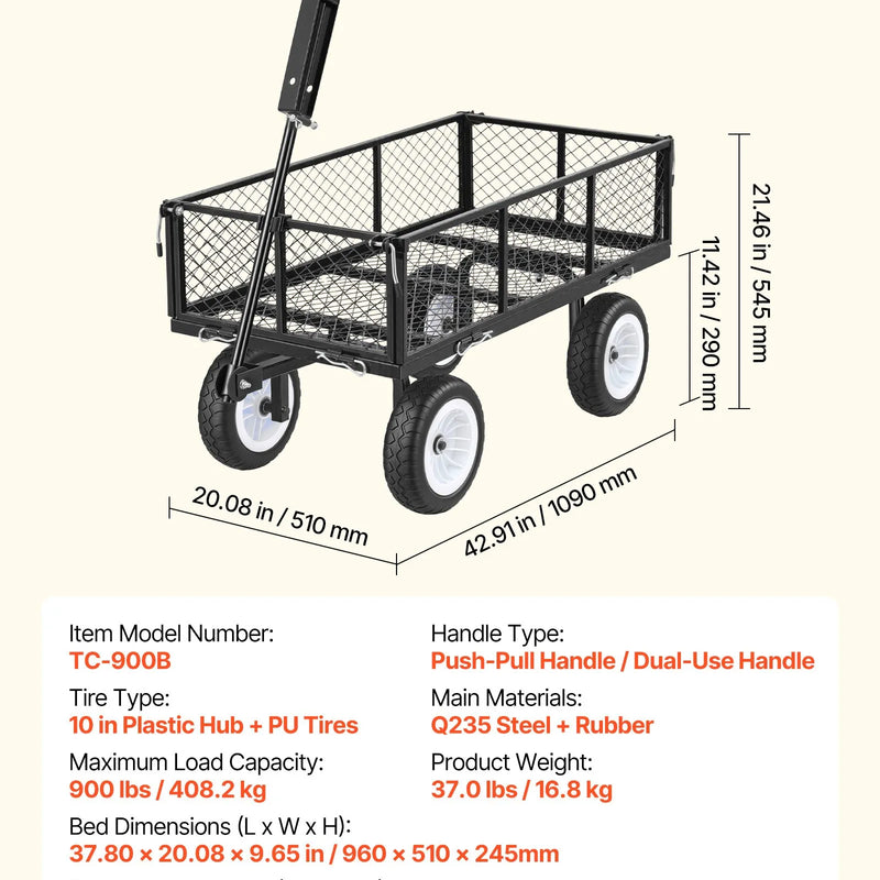 VEVOR dārza rati 408,2 kg kravnesība, smagas konstrukcijas tērauda universālie rati ar 25 cm riepām, regulējamu rokturi un noņemamām sānu malām, pievienojami ATV vai traktoram, melni - ZEMLETES.LV