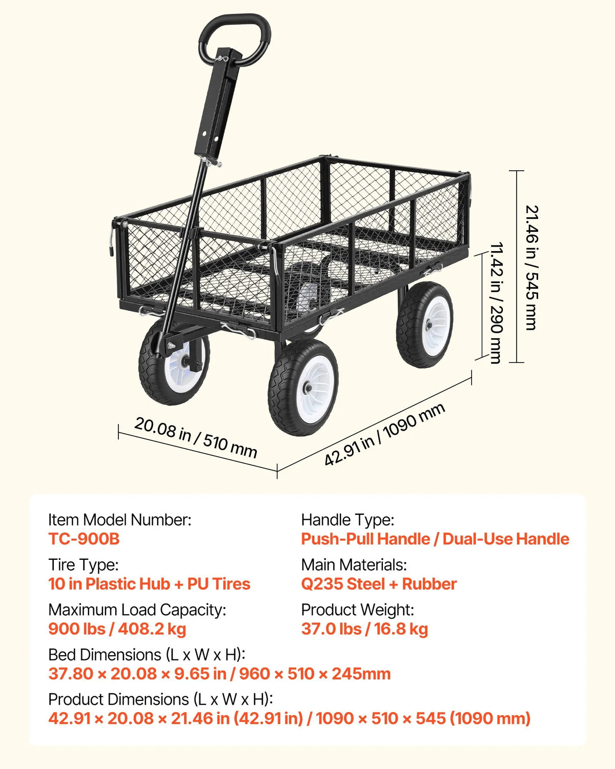VEVOR dārza rati 408,2 kg kravnesība, smagas konstrukcijas tērauda universālie rati ar 25 cm riepām, regulējamu rokturi un noņemamām sānu malām, pievienojami ATV vai traktoram, melni - ZEMLETES.LV