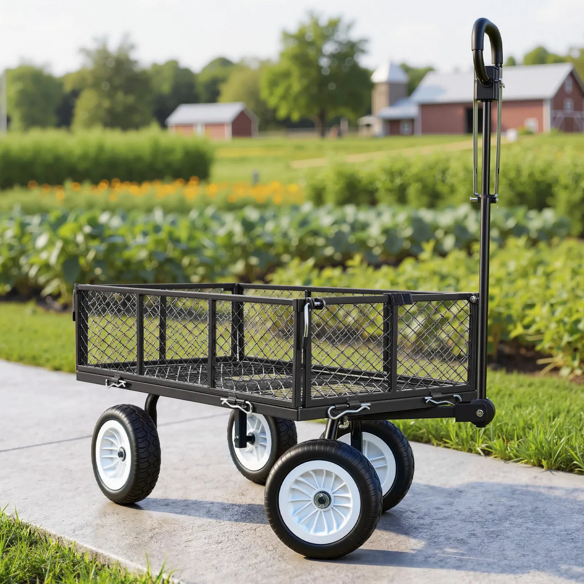 VEVOR dārza rati 408,2 kg kravnesība, smagas konstrukcijas tērauda universālie rati ar 25 cm riepām, regulējamu rokturi un noņemamām sānu malām, pievienojami ATV vai traktoram, melni - ZEMLETES.LV