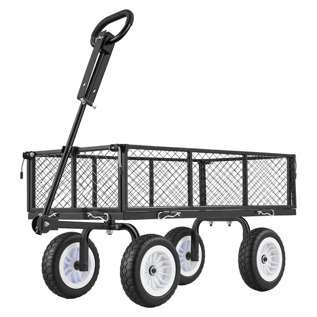 VEVOR dārza rati 408,2 kg kravnesība, smagas konstrukcijas tērauda universālie rati ar 25 cm riepām, regulējamu rokturi un noņemamām sānu malām, pievienojami ATV vai traktoram, melni - ZEMLETES.LV
