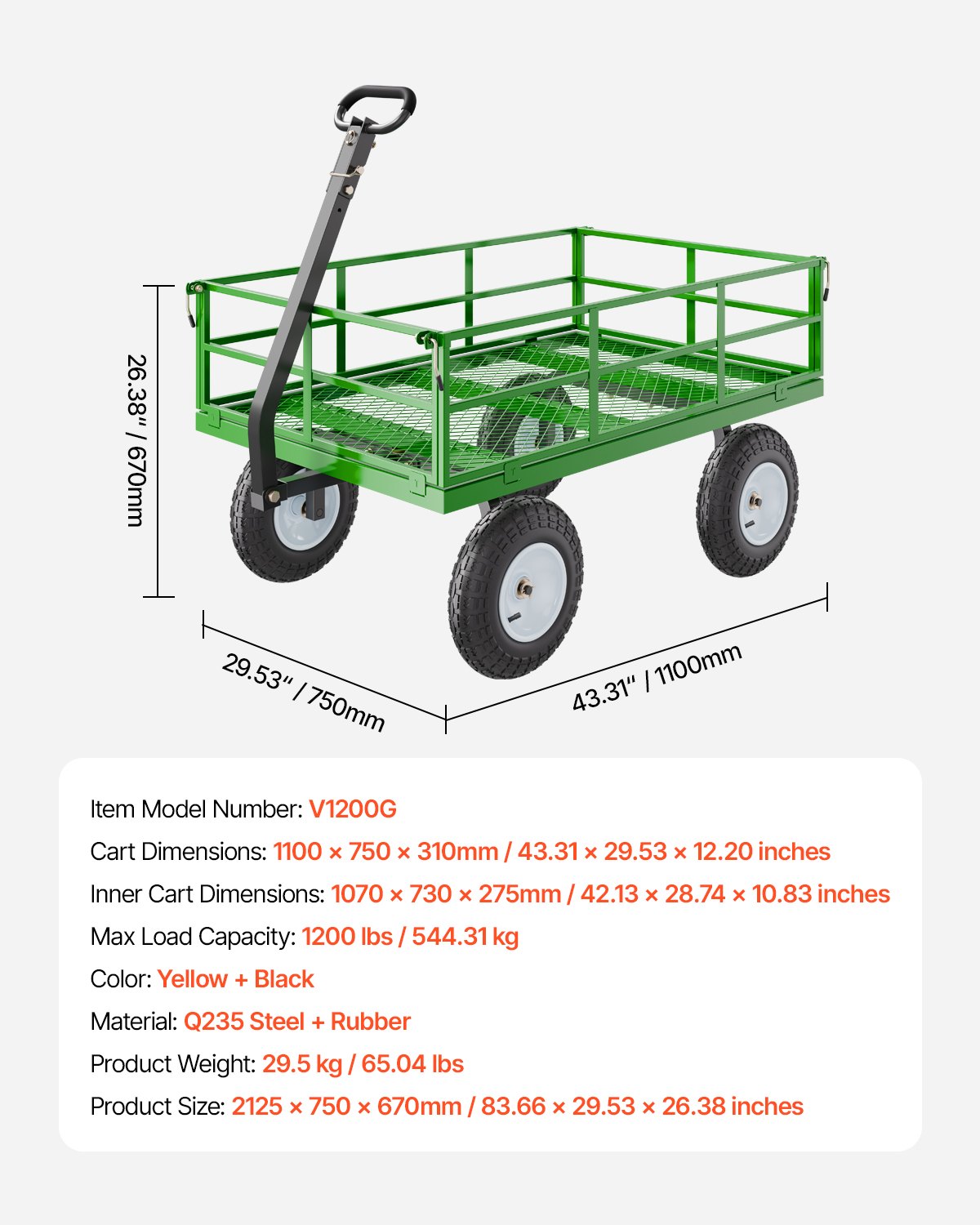 VEVOR Steel Garden Cart, 544 kg Load Capacity, Heavy-Duty Model, 33 cm Tyres