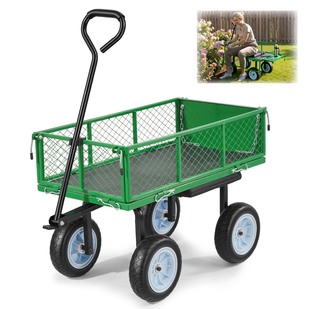 VEVOR dārza rati ar sēdekli, nestspēja līdz 226,8 kg, tērauda dārza darba sēdeklis ar riteņiem, smagas slodzes dārza taburete ar instrumentu paplāti un regulējamu rokturi, piemērota zālienam, terasei un pagalmam, zaļa krāsa - ZEMLETES.LV