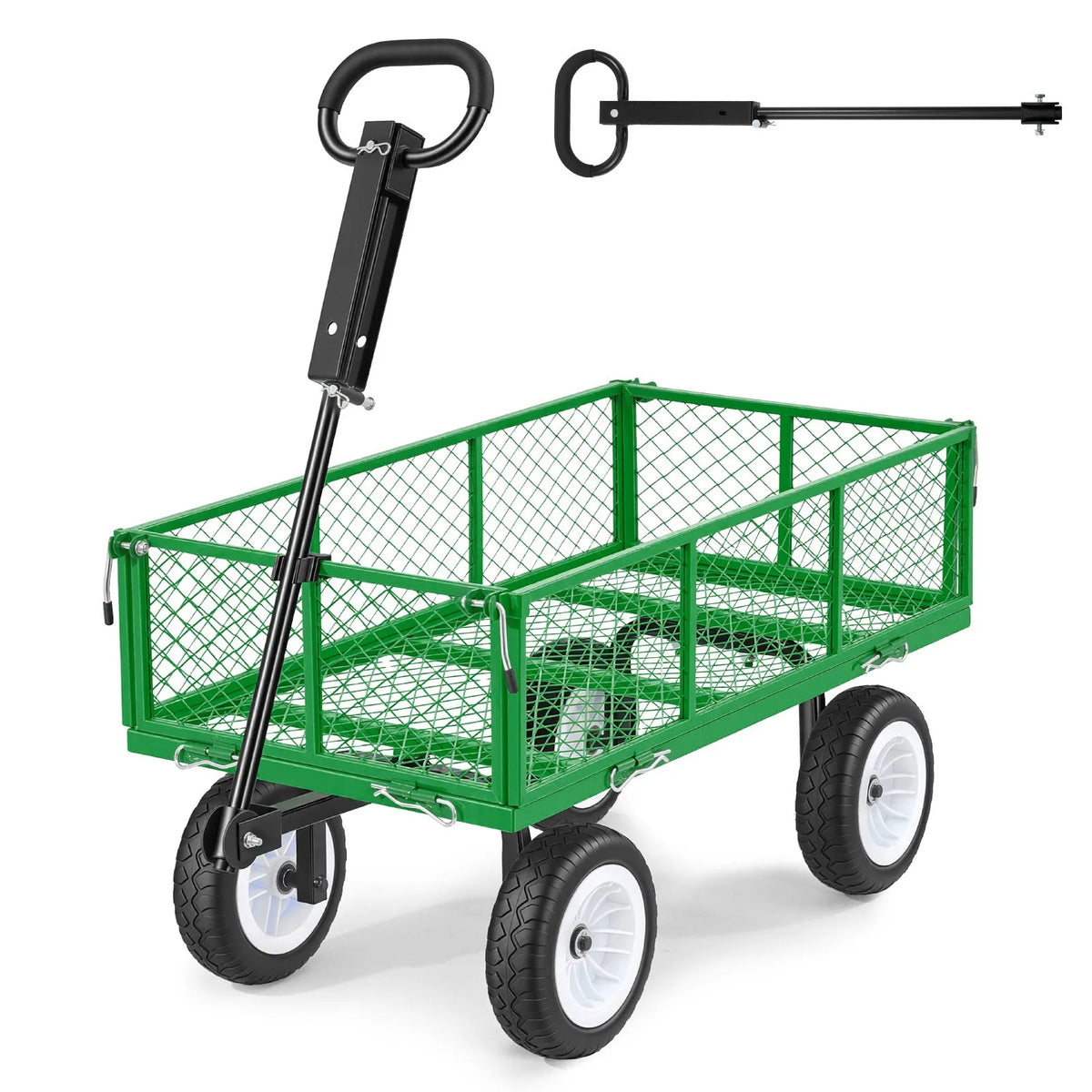 VEVOR dārza rati ar sēdekli, nestspēja līdz 408,2 kg, smagas slodzes tērauda dārza rati ar 254 mm riteņiem, regulējams rokturis, noņemami sānu paneļi, pievienojami ATV vai traktoram, zaļā krāsa - ZEMLETES.LV