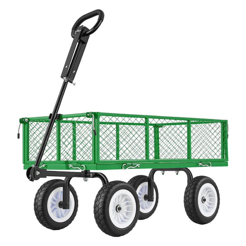 VEVOR dārza rati ar sēdekli, nestspēja līdz 408,2 kg, smagas slodzes tērauda dārza rati ar 254 mm riteņiem, regulējams rokturis, noņemami sānu paneļi, pievienojami ATV vai traktoram, zaļā krāsa - ZEMLETES.LV