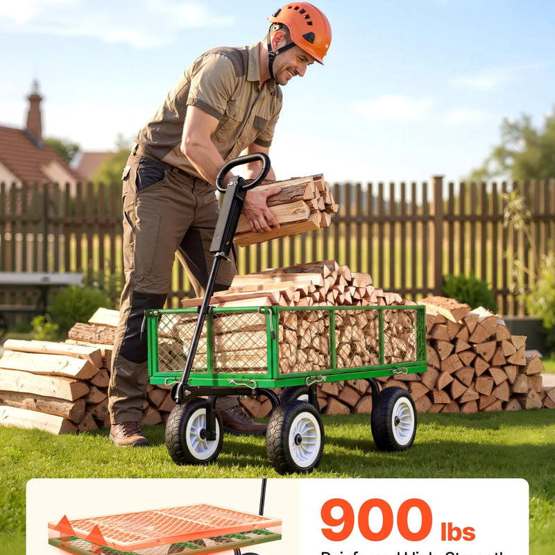 VEVOR dārza rati ar sēdekli, nestspēja līdz 408,2 kg, smagas slodzes tērauda dārza rati ar 254 mm riteņiem, regulējams rokturis, noņemami sānu paneļi, pievienojami ATV vai traktoram, zaļā krāsa - ZEMLETES.LV