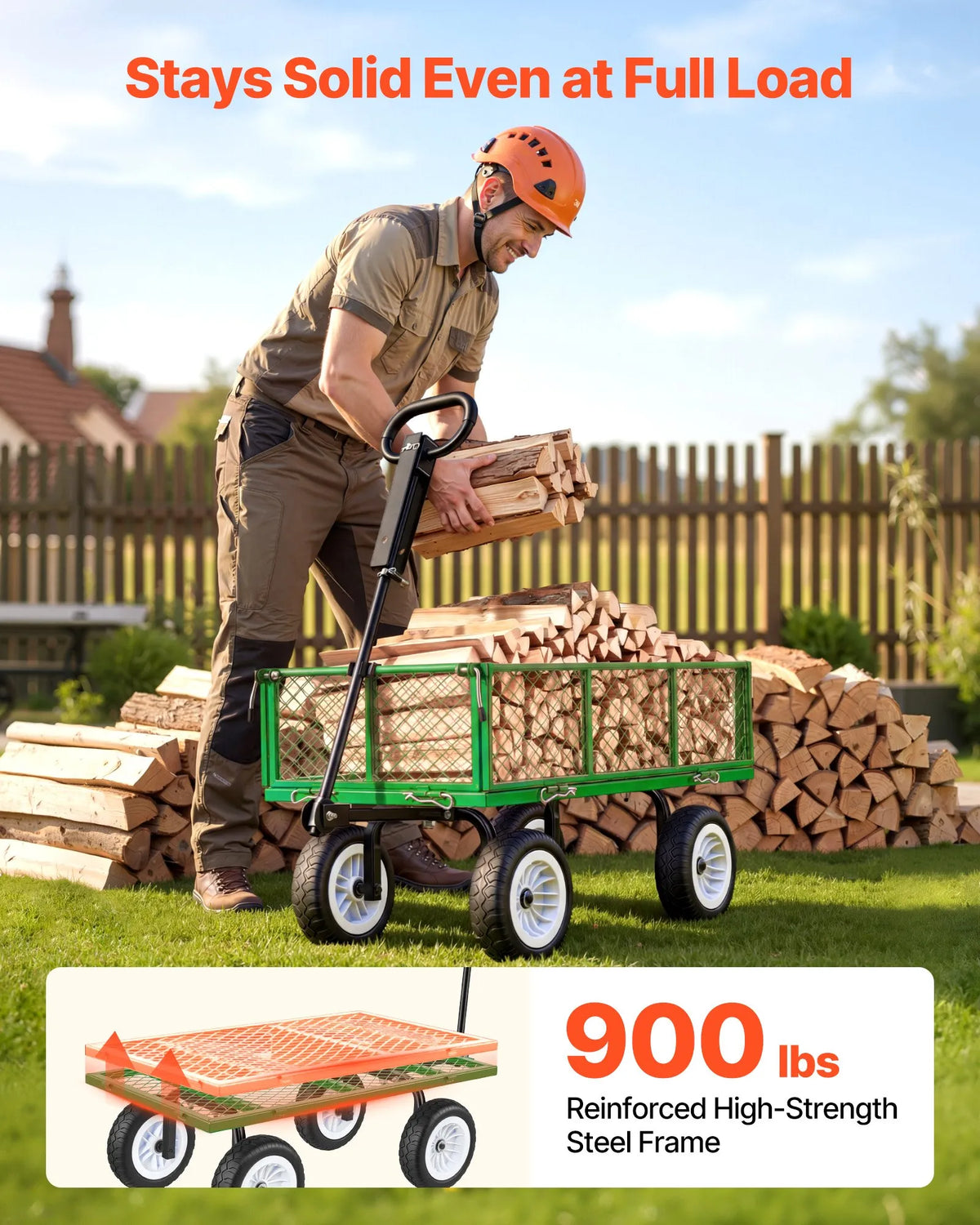 VEVOR dārza rati ar sēdekli, nestspēja līdz 408,2 kg, smagas slodzes tērauda dārza rati ar 254 mm riteņiem, regulējams rokturis, noņemami sānu paneļi, pievienojami ATV vai traktoram, zaļā krāsa - ZEMLETES.LV